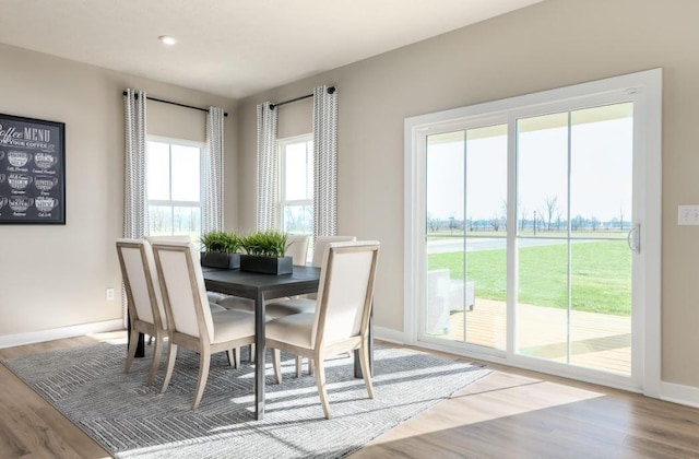 dining space with wood-type flooring