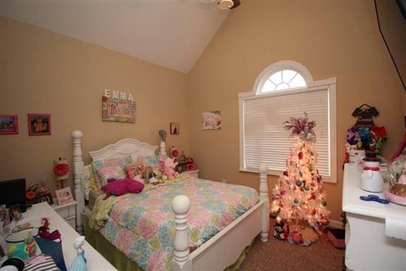 bedroom featuring carpet flooring and vaulted ceiling