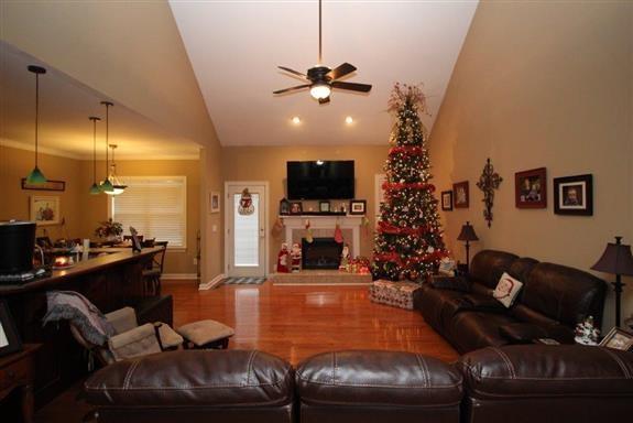 living room with vaulted ceiling, hardwood / wood-style floors, and ceiling fan