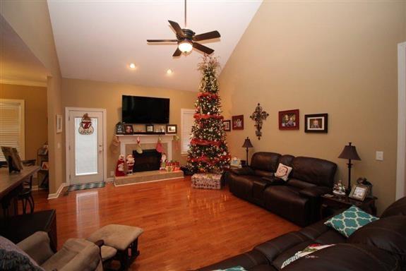 living room featuring hardwood / wood-style flooring, high vaulted ceiling, and ceiling fan