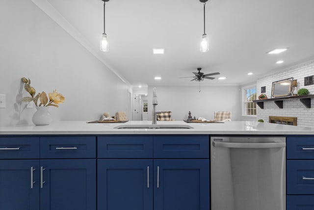 kitchen featuring hanging light fixtures, ornamental molding, blue cabinetry, and stainless steel dishwasher