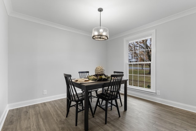 dining room featuring ornamental molding and dark hardwood / wood-style flooring