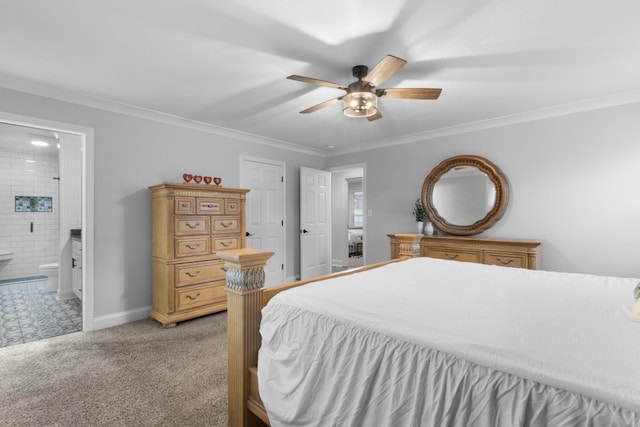 carpeted bedroom with crown molding, ensuite bath, and ceiling fan