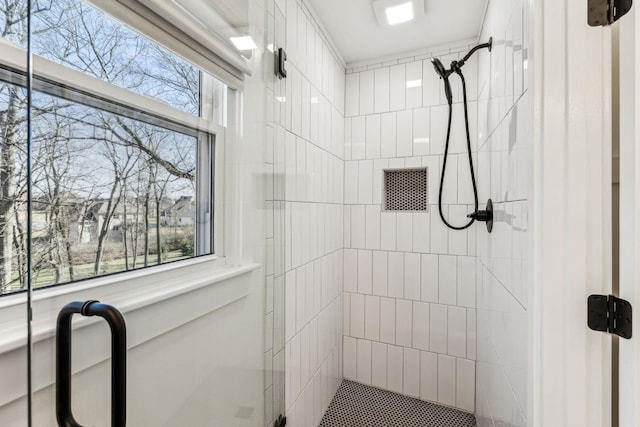 bathroom with a shower with door and a healthy amount of sunlight