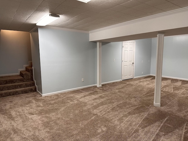 basement with crown molding and carpet