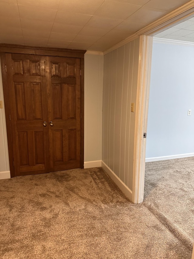 interior space featuring ornamental molding and carpet floors