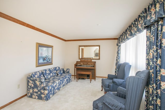 carpeted living room featuring crown molding