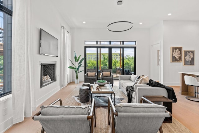 living room with french doors and light hardwood / wood-style floors