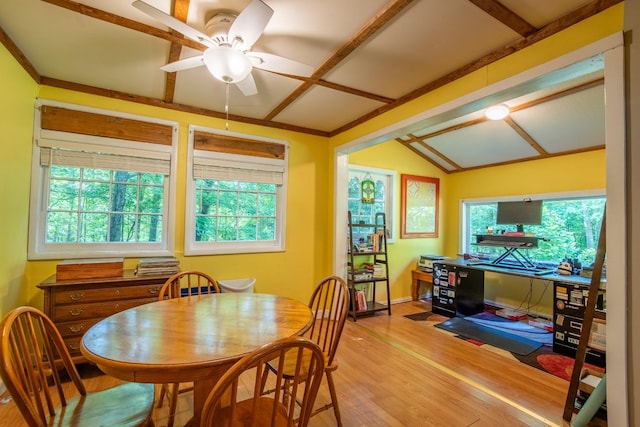 dining room featuring wood-type flooring, lofted ceiling, and ceiling fan