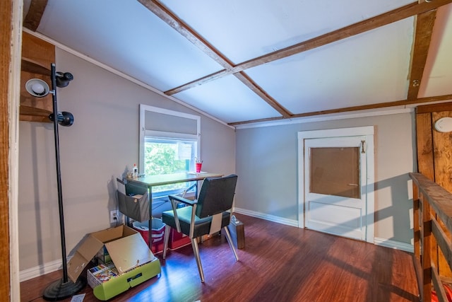 dining space with lofted ceiling and dark wood-type flooring