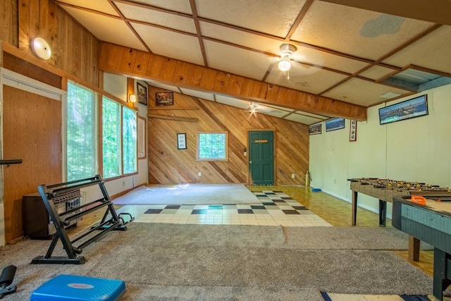 recreation room with wood walls