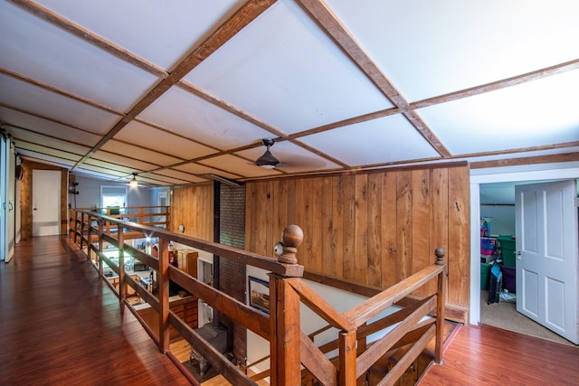 hallway featuring dark hardwood / wood-style floors and wood walls