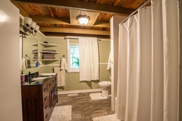 bathroom featuring wood ceiling, beam ceiling, hardwood / wood-style floors, and toilet