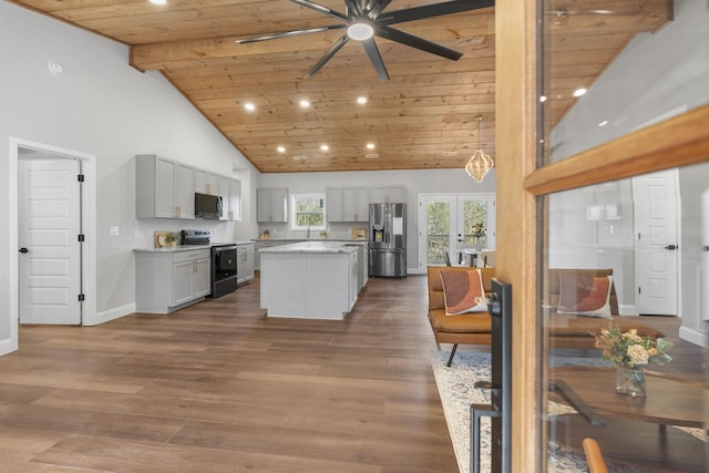 kitchen with gray cabinetry, a center island, wooden ceiling, pendant lighting, and stainless steel appliances