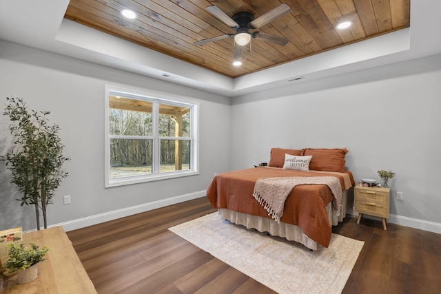 bedroom featuring dark hardwood / wood-style flooring, a tray ceiling, wooden ceiling, and ceiling fan