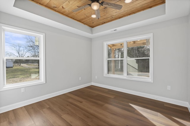 unfurnished room featuring dark wood-type flooring, ceiling fan, a raised ceiling, and wooden ceiling