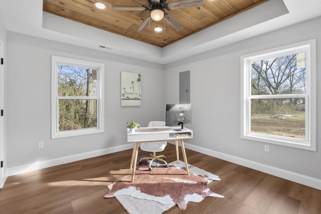 office with wood ceiling, dark hardwood / wood-style flooring, electric panel, a raised ceiling, and ceiling fan