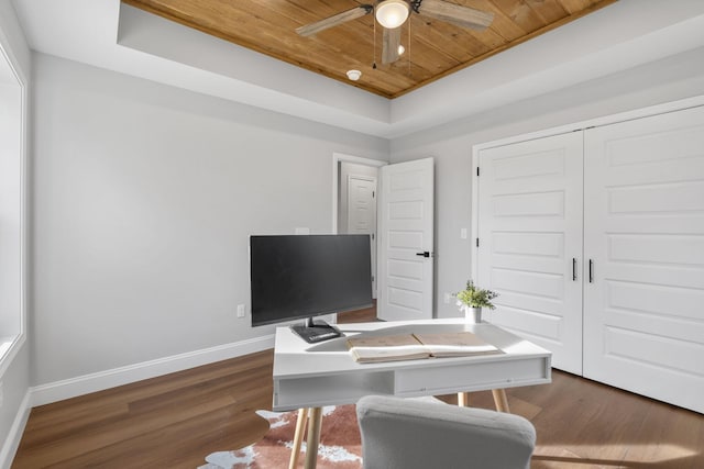 office area featuring dark wood-type flooring, wooden ceiling, ceiling fan, and a tray ceiling