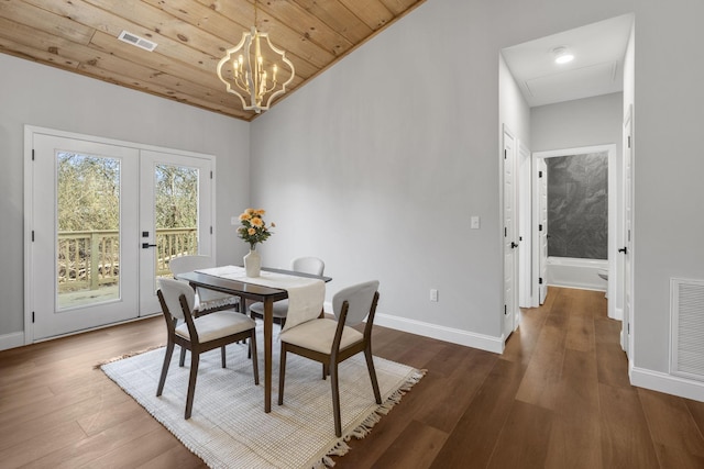 dining room with wood ceiling, dark hardwood / wood-style floors, a notable chandelier, vaulted ceiling, and french doors