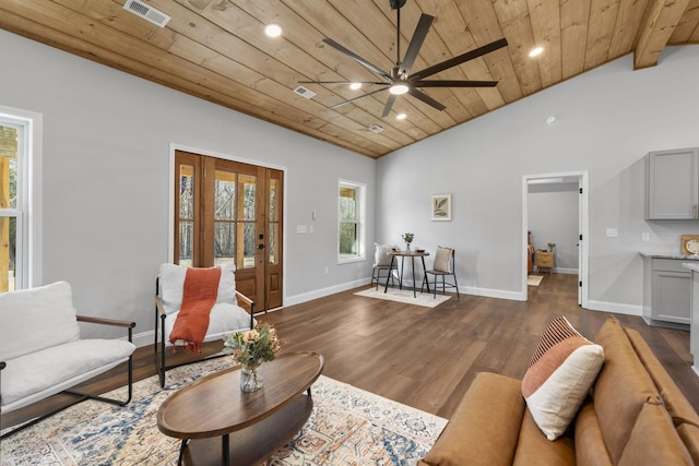 living room featuring wood ceiling, ceiling fan, lofted ceiling, and dark hardwood / wood-style flooring