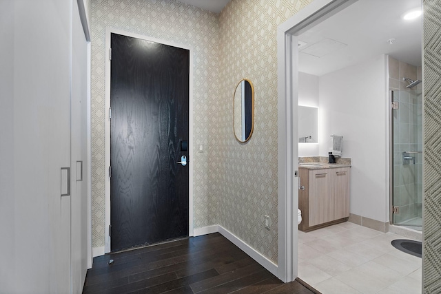 foyer with light wood-type flooring