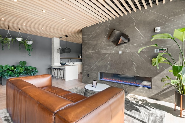 living room featuring tile walls