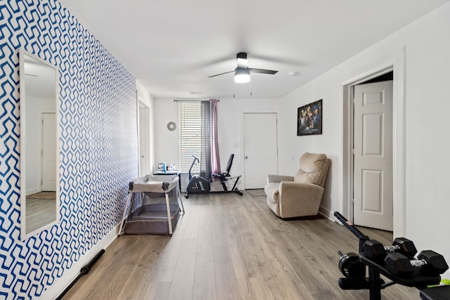 exercise area featuring ceiling fan and light hardwood / wood-style flooring