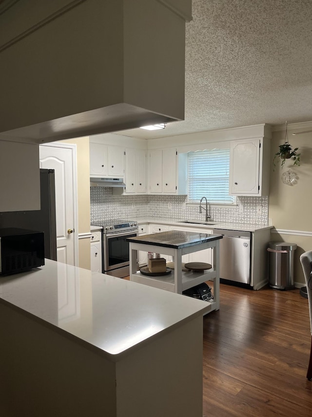 kitchen with white cabinetry, sink, decorative backsplash, stainless steel appliances, and dark wood-type flooring