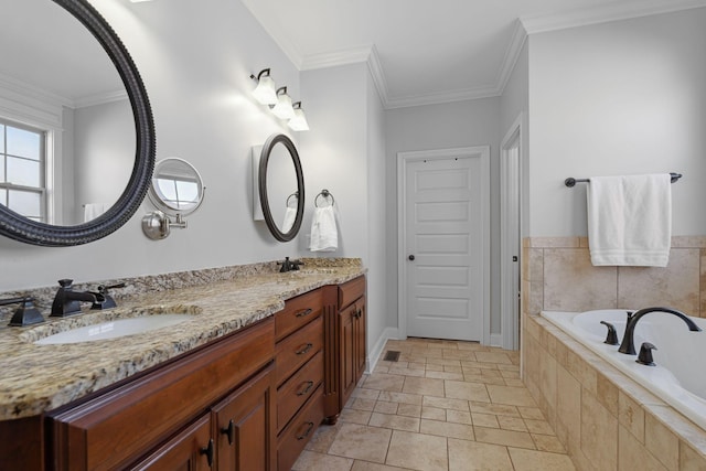 bathroom with ornamental molding, a relaxing tiled tub, and vanity