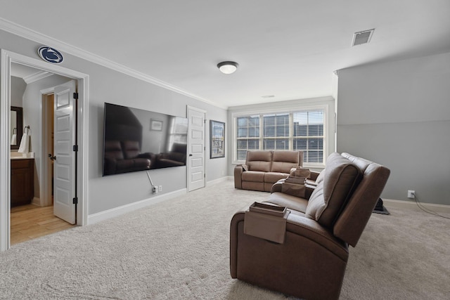 living room with crown molding and light carpet