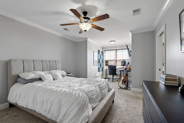 carpeted bedroom featuring crown molding and ceiling fan