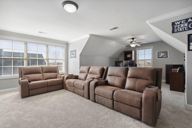 carpeted living room featuring crown molding and vaulted ceiling