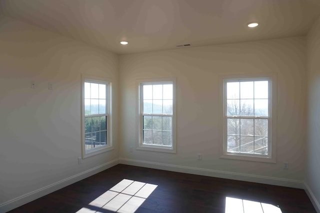 spare room featuring dark wood-style floors, a wealth of natural light, and baseboards