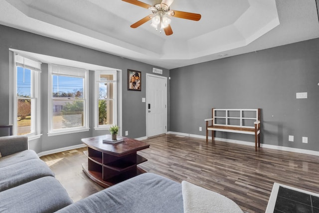 living room with hardwood / wood-style floors, a tray ceiling, and a healthy amount of sunlight