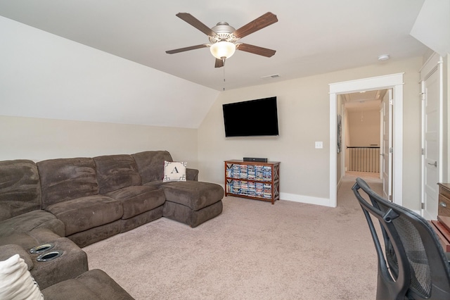 carpeted living room featuring ceiling fan and lofted ceiling