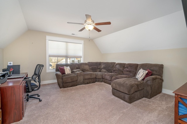 carpeted living room featuring lofted ceiling and ceiling fan