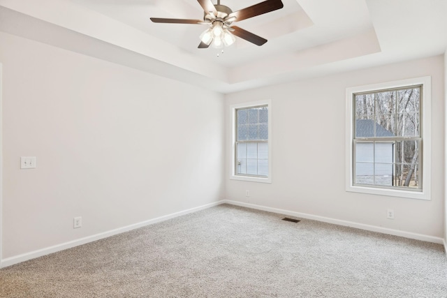 carpeted empty room with a raised ceiling, a wealth of natural light, and ceiling fan