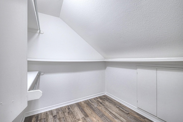 walk in closet featuring vaulted ceiling and dark wood-type flooring