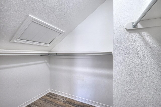 spacious closet featuring dark hardwood / wood-style floors and vaulted ceiling