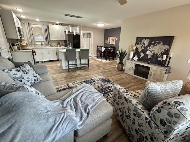 living room featuring sink and light hardwood / wood-style floors