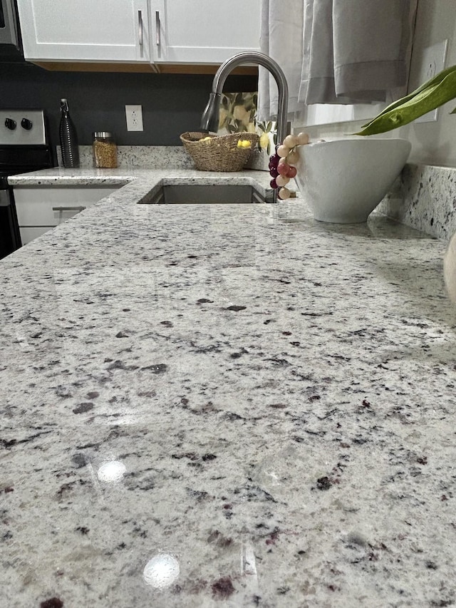 details featuring light stone counters, sink, and white cabinets