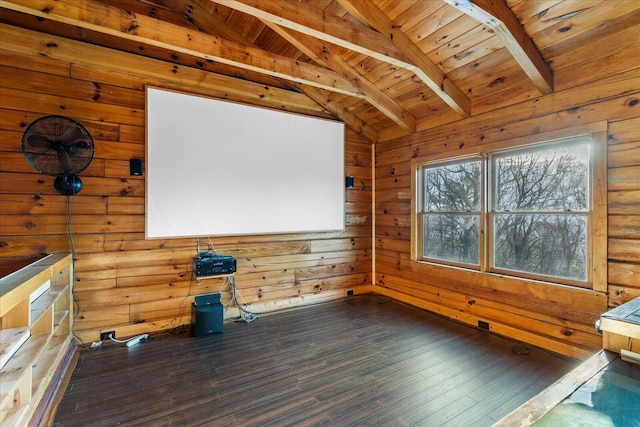 interior space featuring vaulted ceiling with beams, wooden ceiling, and dark hardwood / wood-style floors