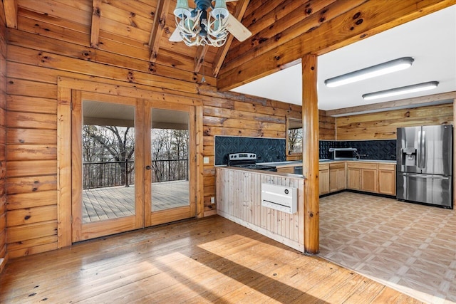 kitchen with vaulted ceiling with beams, backsplash, stainless steel appliances, light hardwood / wood-style floors, and light brown cabinetry