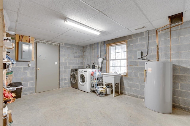 laundry room with water heater, washing machine and dryer, sink, and electric panel