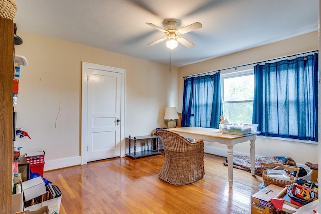 office space featuring wood-type flooring and ceiling fan