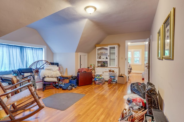 interior space featuring light hardwood / wood-style flooring and vaulted ceiling