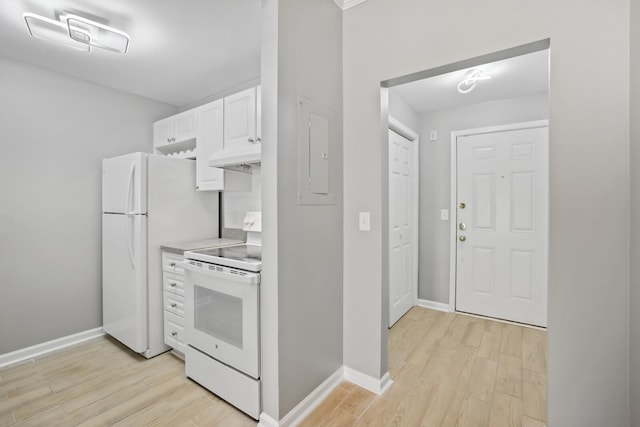 kitchen with white cabinetry, light wood-type flooring, electric panel, and white appliances