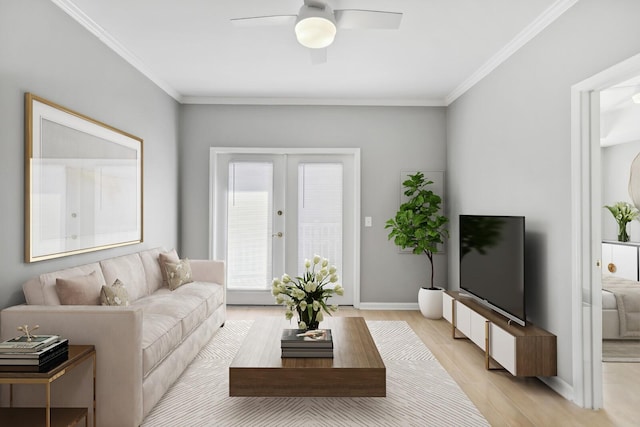 living room with ornamental molding, french doors, ceiling fan, and light wood-type flooring