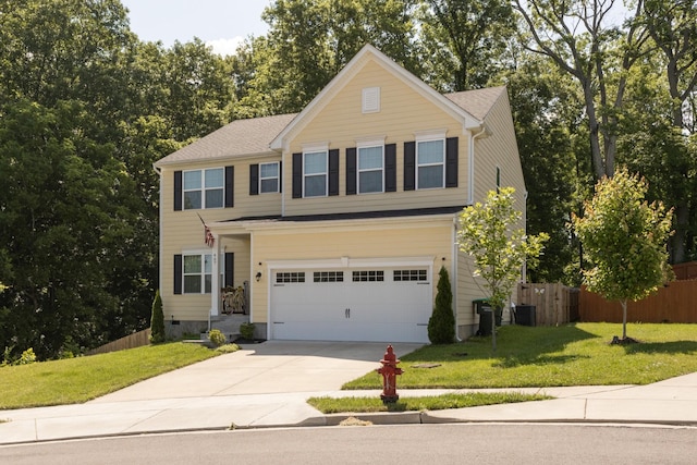 view of front of house with a garage, a front lawn, and central air condition unit