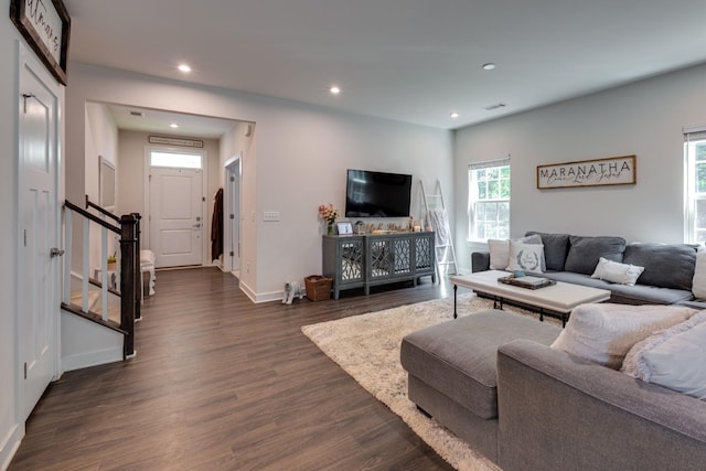 living room featuring dark wood-type flooring